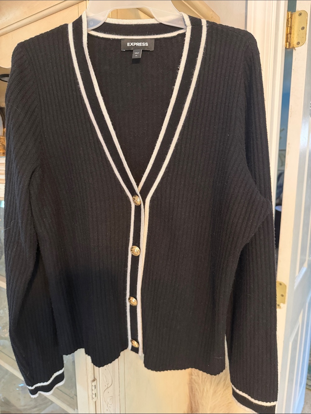 Express Black Ribbed Cardigan with White Trim and Gold Buttons
